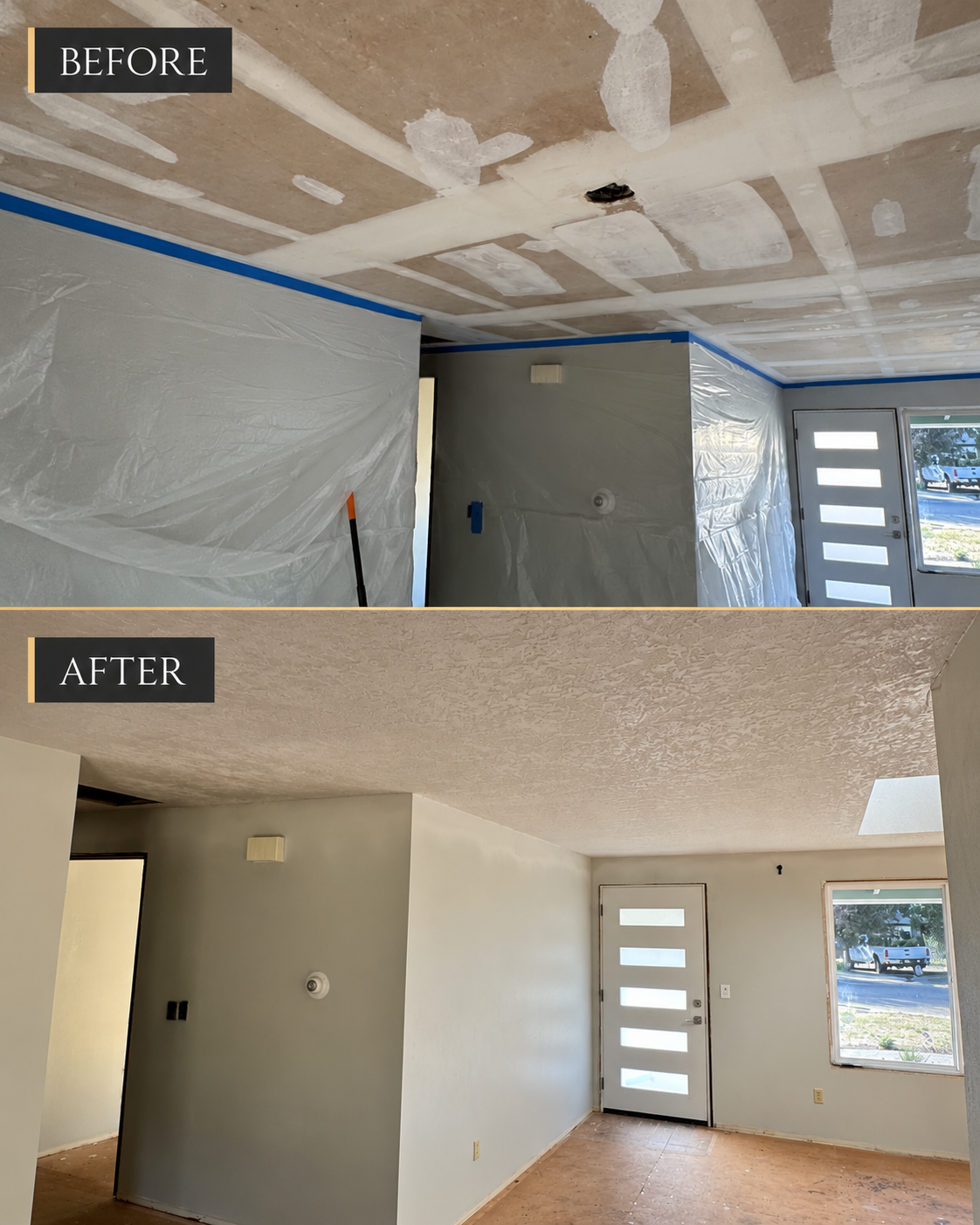 Before and after of a drywall finishing and ceiling texture project by Aesthetic Construction in the Portland Metro area.